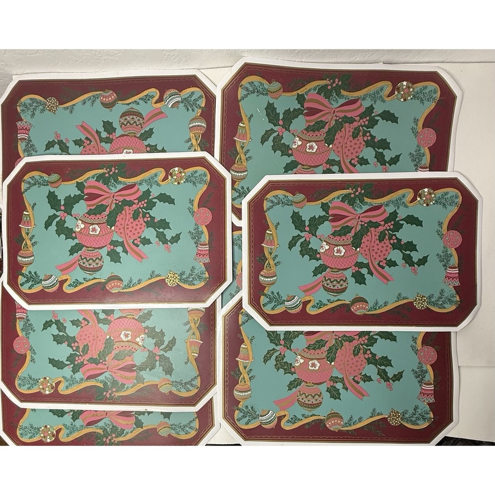 Vintage Town & Country Vinyl‎ Lot Of 12 Placemats Christmas Ornaments Pink 12x18